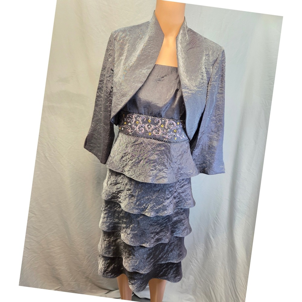 EnFocus Studio Charcoal Gray Metallic 2pc Tiered Cocktail Dress Jacket  Set SZ 4